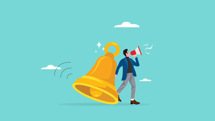 notification or announcement, Follow up customers on online business with notification to achieve sales targets, businessman using megaphone standing next to big notification bell concept illustration