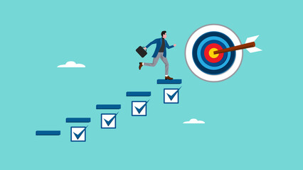 personal development goals for work, train specific skills or competencies to achieve career success, self improvement or career growth, Businessman walk up checklist as a ladder to reach target