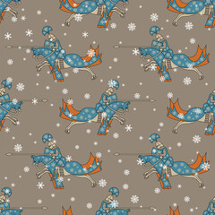 Seamless seasonal winter pattern with medieval knights riding horses and snowflakes. On gray background.