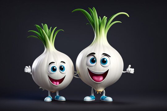 Two cute funny 3d Onion with big eyes and cute smile and small hands and legs standing, dark background isolated, healthy vegetable,