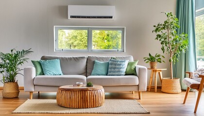 Energy efficient air conditioner with fresh natural in a modern living room.
