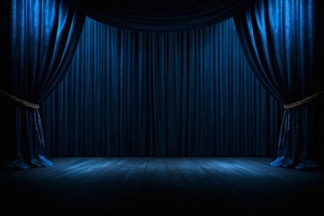 Empty theater stage with luxurious blue velvet curtains and spotlight by award ceremony