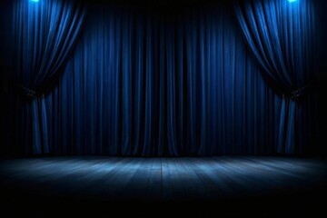 Empty theater stage with luxurious blue velvet curtains and spotlight by award ceremony