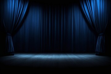 Empty theater stage with luxurious blue velvet curtains and spotlight by award ceremony