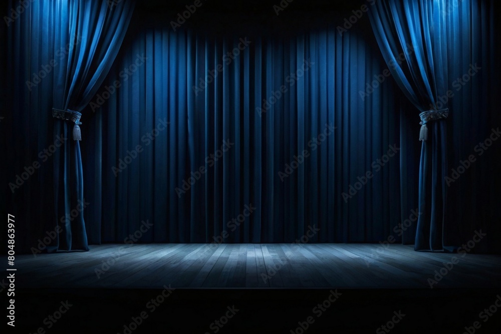 Wall mural empty theater stage with luxurious blue velvet curtains and spotlight by award ceremony