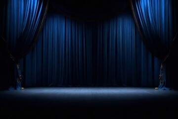 Empty theater stage with luxurious blue velvet curtains and spotlight by award ceremony