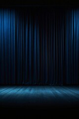 Empty theater stage with luxurious blue velvet curtains and spotlight by award ceremony