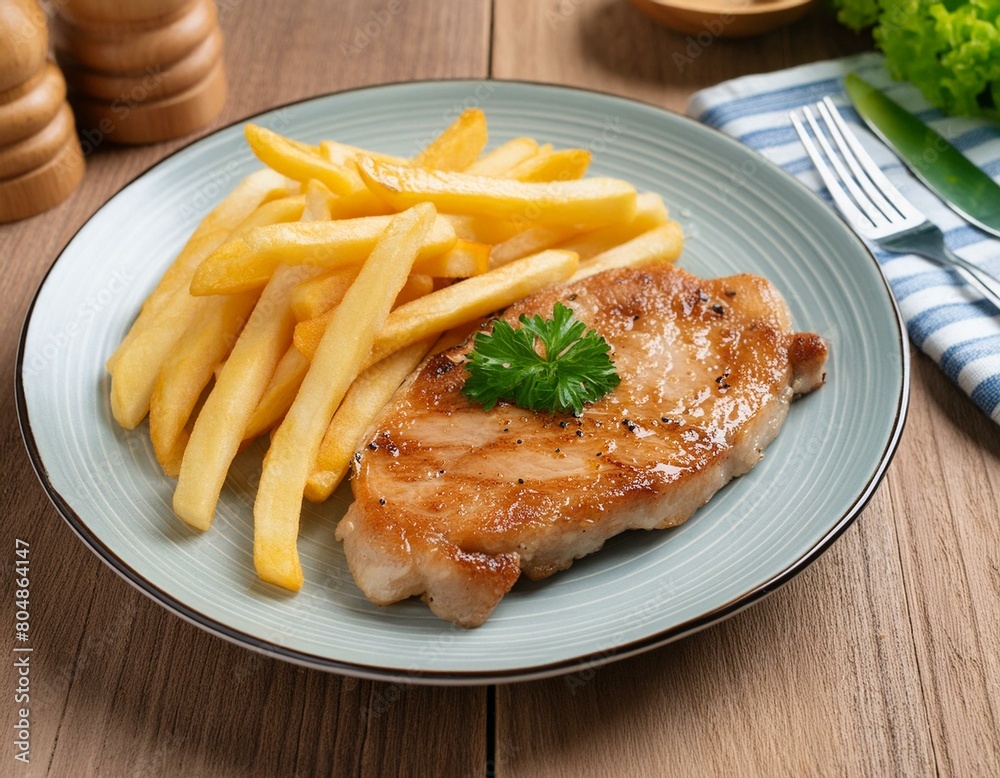 Poster grilled pork steak with french fries on wooden background.