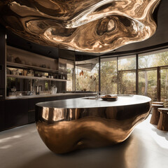 A surreal kitchen with metallic countertops and organic-shaped furniture