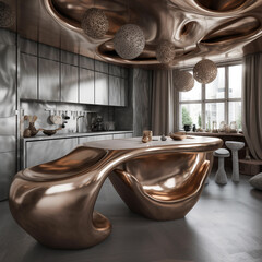 A surreal kitchen with metallic countertops and organic-shaped furniture