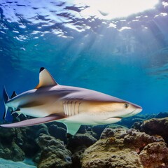 Shark swimming in the deep sea