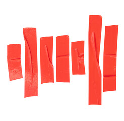 Top view set of red adhesive vinyl tape or cloth tape in stripes isolated on white background with...