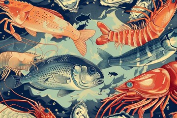 Marine Symphony: A Breathtaking Painting of Colorful Fish and Crustaceans in the Blue Ocean