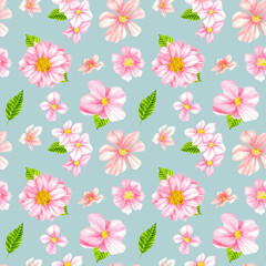 Pink flowers on a light blue background with a seamless pattern. Pastel pink and green leaves in the watercolor illustration style of a seamless design pattern.