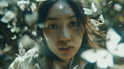 Asian woman,white coat A butterfly flies through the forest