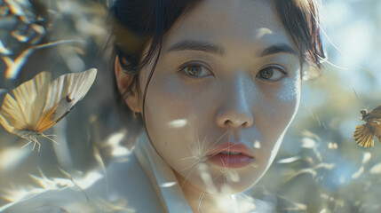 Asian woman,white coat A butterfly flies through the forest