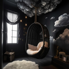 A whimsical bedroom in black colour with a hanging cocoon chair and dreamy cloud ceiling