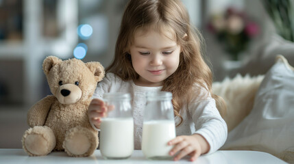  little girl poured two glasses of milk beverage for her and toy bear