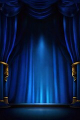 Empty theater stage with blue velvet curtains and spotlight by award ceremony background