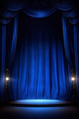 Empty theater stage with blue velvet curtains and spotlight by award ceremony background