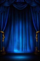 Empty theater stage with blue velvet curtains and spotlight by award ceremony background
