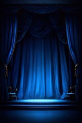 Empty theater stage with blue velvet curtains and spotlight by award ceremony background