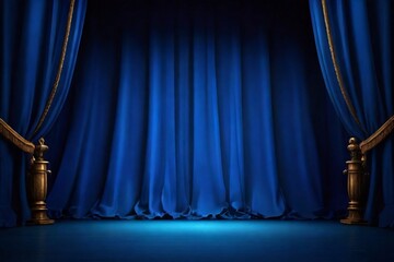 Empty theater stage with blue velvet curtains and spotlight by award ceremony background