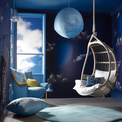 A whimsical bedroom in blue with a hanging cocoon chair and dreamy cloud ceiling