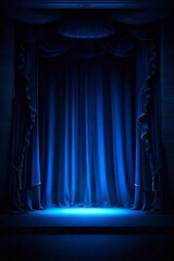 Empty theater stage with blue velvet curtains and spotlight by award ceremony background