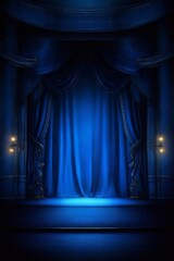 Empty theater stage with blue velvet curtains and spotlight by award ceremony background