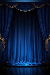 Empty theater stage with blue velvet curtains and spotlight by award ceremony background