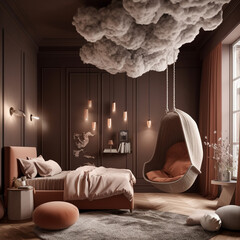 A whimsical bedroom in brown with a hanging cocoon chair and dreamy cloud ceiling
