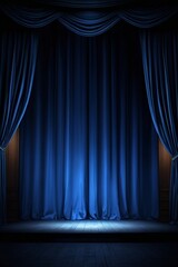 Empty theater stage with blue velvet curtains and spotlight by award ceremony background