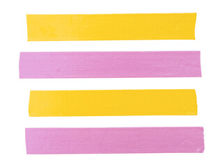 Top view set of pink and yellow adhesive vinyl tape or clothes tape in stripe shape isolated on white background with clipping path