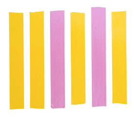 Top view set of pink and yellow adhesive vinyl tape or clothes tape in stripe shape isolated on...
