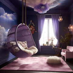 A whimsical bedroom in purple with a hanging cocoon chair and dreamy cloud ceiling