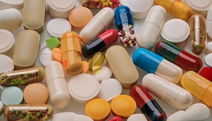 An array of multicolored pharmaceutical pills and capsules, including opioids, vitamins, and a variety of medicines, scattered across a surface, representing healthcare and medication diversity