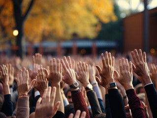 Group of people of different ages with their hands up