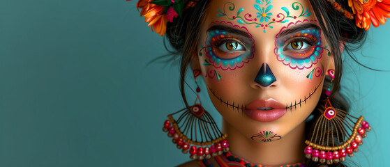 A woman with a face painted like a skeleton is wearing earrings