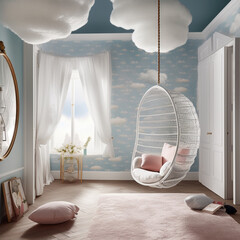 A whimsical bedroom with a hanging cocoon chair and dreamy cloud ceiling