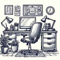Free Vector Work desk hand drawn outline doodle icon. office desk with chair vector sketch illustration for print, web, mobile