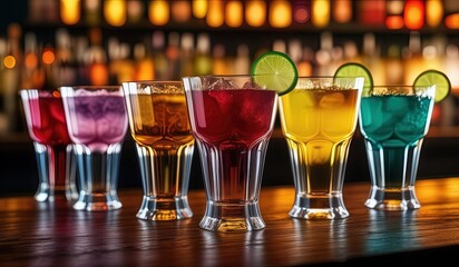 wine glasses on the table, glass of champagne, glass of wine, juice glasses on the table, lemon tea on the table, drink display on the bar table