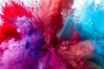 A colorful explosion of smoke and dust with a mix of red, blue, and purple
