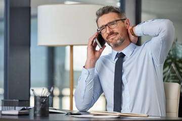 Phone call, businessman and neck pain in office, talk and conversation for advice. Virtual, muscle...