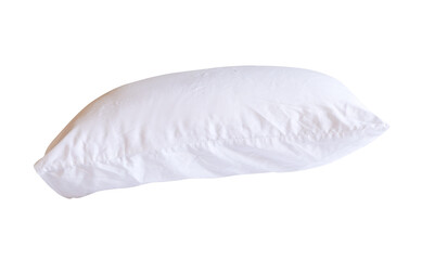 Side view of white pillow after use in resort or hotel room isolated with clipping path in png file...