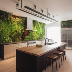 A whimsical kitchen with a living herb wall and touch-sensitive countertops