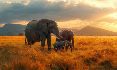 A herd of elephants walks towards the sunset under a dramatic sky. Generate AI