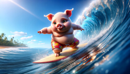 A surfing pig wearing a swimsuit rides a wave in the ocean.