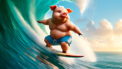 A surfing pig wearing swim trunks rides a big wave in the ocean.