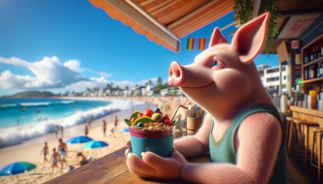 pig sitting on a beach bar having a drink